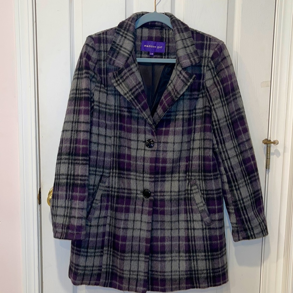 Madden Girl Mid-length brushed Purple & Grey Plaid Winter Coat